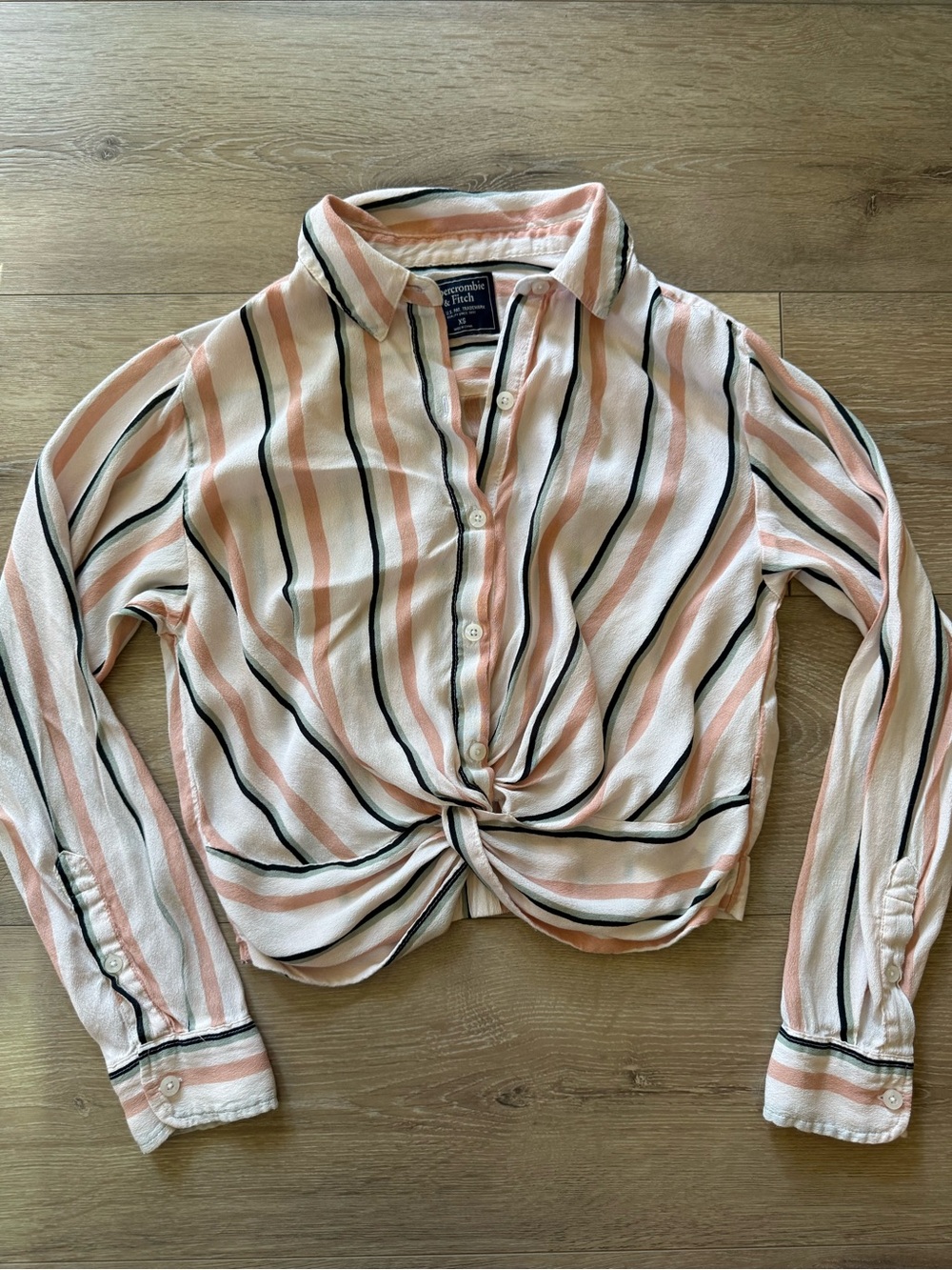 Abercrombie & Fitch Pink, White & Black Striped Twist-Front Button Down Shirt